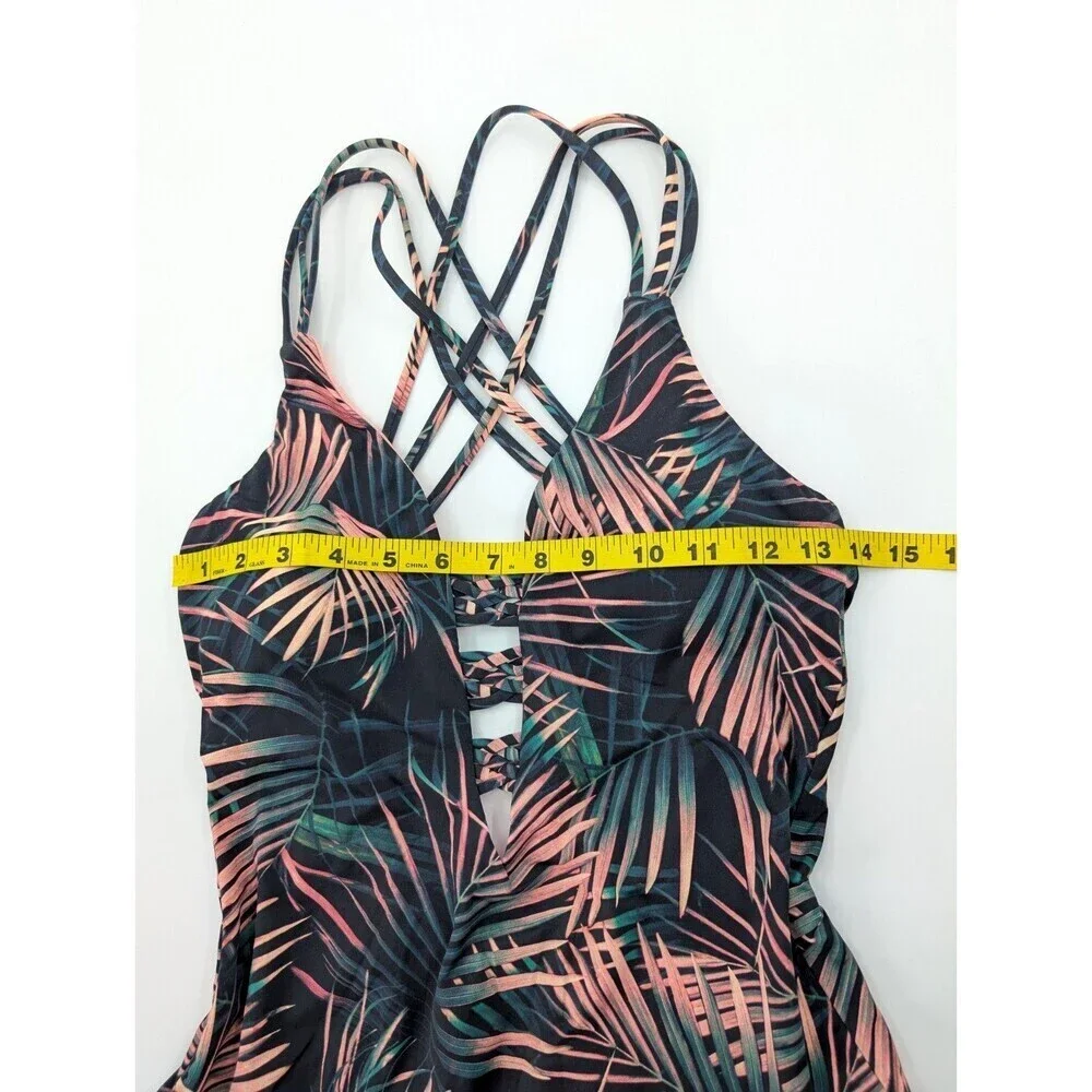 Bar III Swimsuit Women Medium One Piece Plunge Green Tropical Criss Cross Straps